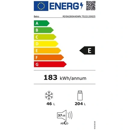 Beko RDSA280K40WN felülfagyasztós hűtőszekrény, E energiaosztály, fehér készülékszín, 204 (hűtőtér) + 46 (fagyasztótér)
