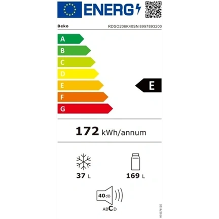Beko RDSO206K40SN felülfagyasztós hűtőszekrény, E energiaosztály, ezüst, 169 (hűtőtér) + 37 (fagyasztótér) liter