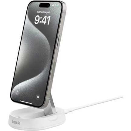 Belkin BoostCharge Pro vezeték nélküli töltőállvány Qi2-vel, átalakítható, mágneses, 15W, fehér