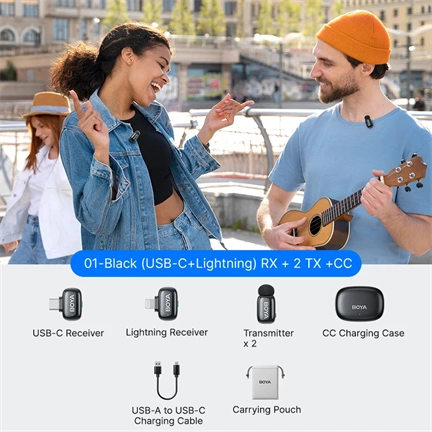 Boya Mini 2 - 2 adó + 2 vevő (USB-C és Lightning csatlakozóval) + 1 töltőtok. - Fekete