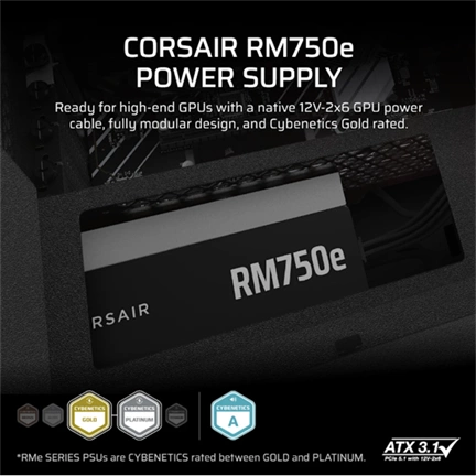Corsair RM750e tápegység - 750W, teljesen moduláris, ATX 3.1, PCIe 5.1 támogatás, alacsony zajú