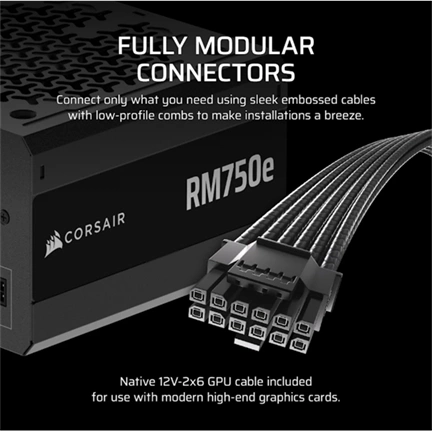 Corsair RM750e tápegység - 750W, teljesen moduláris, ATX 3.1, PCIe 5.1 támogatás, alacsony zajú