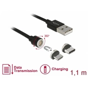 DELOCK Mágneses USB adat- ás töltőkábel készlet Micro USB vagy USB C-hez, fekete 1,1m