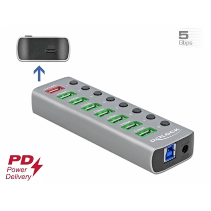 DELOCK USB 3.2 Gen 1 hub 7 port + 1 gyorstöltő port + 1 USB-C PD 3.0 port + kapcsoló és megvilágítás DELOCK USB 3.2 Gen 1 hub 7 port + 1 gyorstöltő port + 1 USB-C PD 3.0 port + kapcsoló és megvilágítás