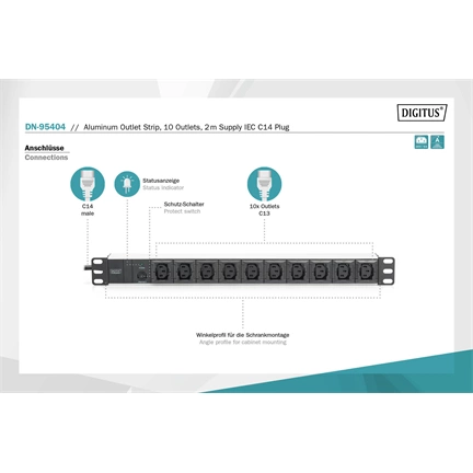 DIGITUS 1U rack alumínium 10 C14 dugaljas túlfeszültség védett hálózati elosztó