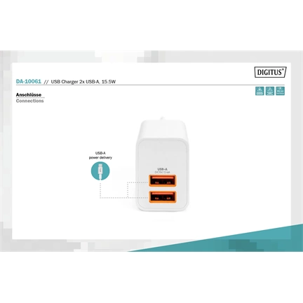 DIGITUS DA-10061 2 port USB Type-A 15.5W töltőadapter