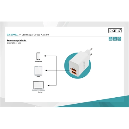 DIGITUS DA-10061 2 port USB Type-A 15.5W töltőadapter