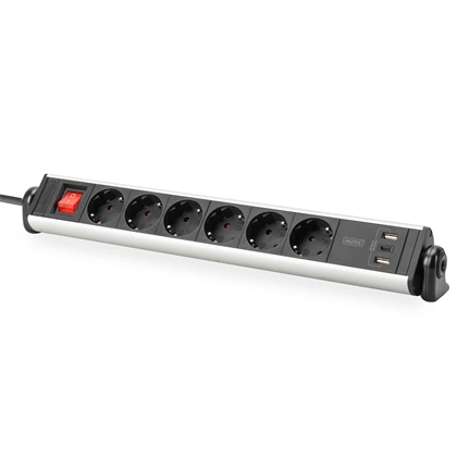DIGITUS DA-70624 Asztali alumínium 6 schuko dugaljas 2x USB A 1x USB-C  port hálózati elosztó