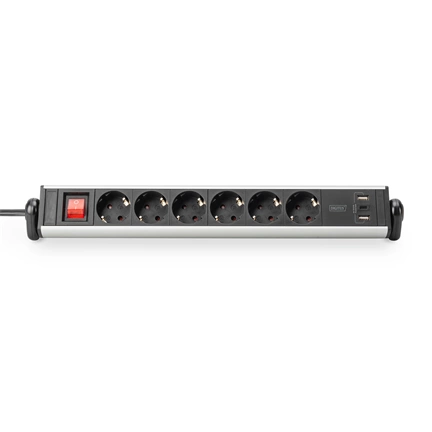 DIGITUS DA-70624 Asztali alumínium 6 schuko dugaljas 2x USB A 1x USB-C  port hálózati elosztó