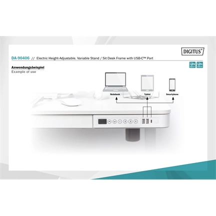 DIGITUS DA-90406 Elektromosan állítható magasságú fehér íróasztal USB-töltővel és fiókkal