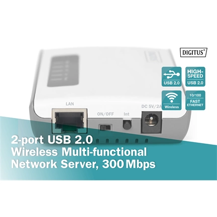DIGITUS DN-13024 2 port USB 2.0 vezeték nélküli többfunkciós nyomtatószerver