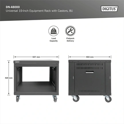 DIGITUS DN-48000 19" 8U 420x507x460mm lapraszerelt fekete hálózati szekrény kerekekkel