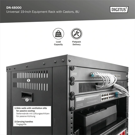 DIGITUS DN-48000 19" 8U 420x507x460mm lapraszerelt fekete hálózati szekrény kerekekkel