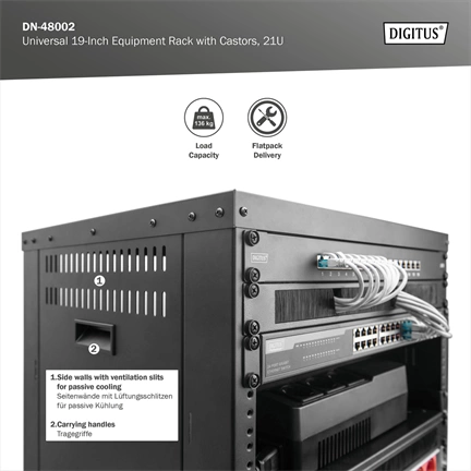 DIGITUS DN-48002 19" 21U 1000x507x460mm lapraszerelt fekete hálózati szekrény kerekekkel