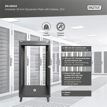 DIGITUS DN-48002 19" 21U 1000x507x460mm lapraszerelt fekete hálózati szekrény kerekekkel