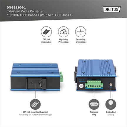 DIGITUS DN-652104-1 Gigabit 1x GbE Lan port PoE SFP modul nélküli ipari média konverter