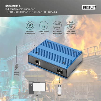 DIGITUS DN-652104-1 Gigabit 1x GbE Lan port PoE SFP modul nélküli ipari média konverter