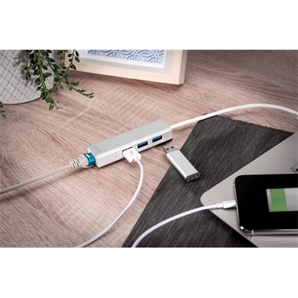 DIGITUS USB 3.0 Gigabit Ethernet adapter + 3 portos USB HUB