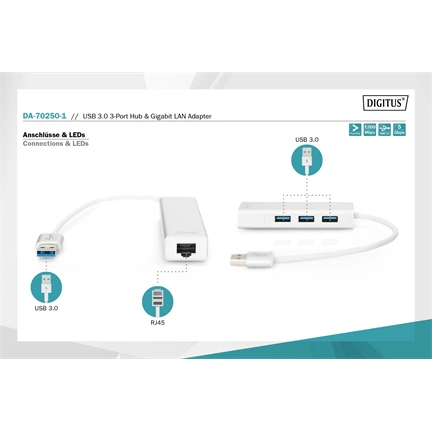 DIGITUS USB 3.0 Gigabit Ethernet adapter + 3 portos USB HUB