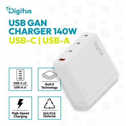 DIGITUS USB GaN töltő 140W, 3x USB-C, 1x USB-A