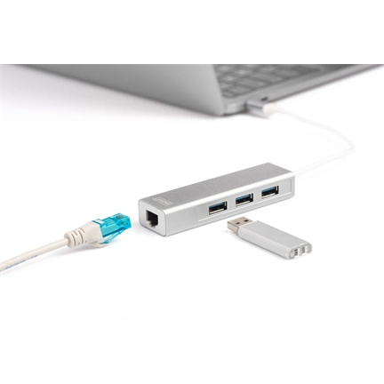 DIGITUS USB Type-C Gigabit Ethernet adapter + 3 portos USB HUB