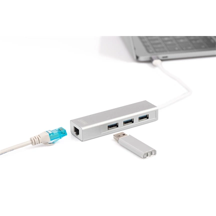 DIGITUS USB Type-C Gigabit Ethernet adapter + 3 portos USB HUB
