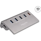 Delock 64182 USB 10Gbps hub 4db Type-A és 1db Type-A gyorstöltő porttal, tápegység mellékelve