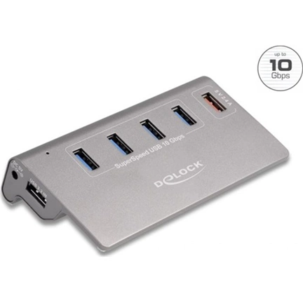 Delock 64182 USB 10Gbps hub 4db Type-A és 1db Type-A gyorstöltő porttal, tápegység mellékelve