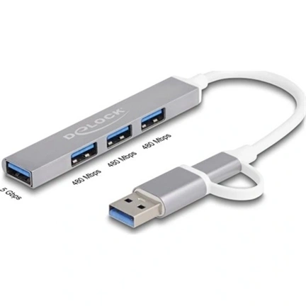 Delock 64214 USB hub, keskeny, 3db USB 2.0 és 1 db USB 5Gbps csatlakozóval, USB Type-A/Type-C interfész
