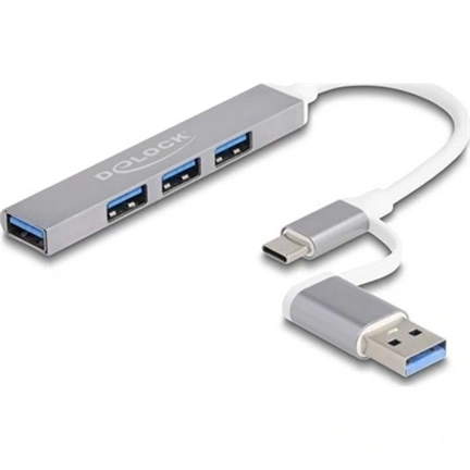 Delock 64214 USB hub, keskeny, 3db USB 2.0 és 1 db USB 5Gbps csatlakozóval, USB Type-A/Type-C interfész