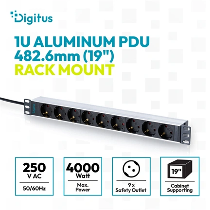 Digitus Socket strip with aluminum profile, 9-way socket outlet with earthing contact, 2 m supply cable