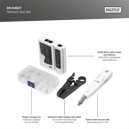 Digitus szerszámkészlet (kábelteszter, krimpelő, kábelcsupaszító és betűzőszerszám, 12 db-os)