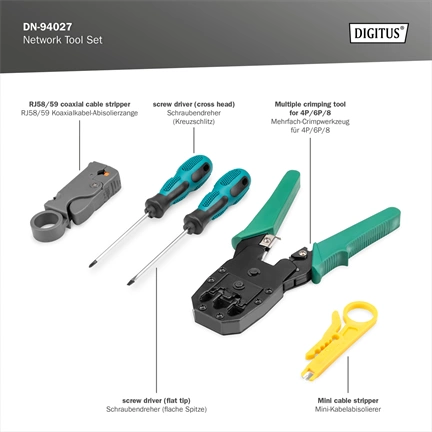 Digitus szerszámkészlet (kábelteszter, krimpelő, kábelcsupaszító és betűzőszerszám, 12 db-os)