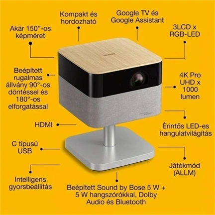 Epson Lifestudio Flex Plus EF-72 hordozható smart projektor, tölgy, Sound by Bose, Google TV, 4K Pro UHD