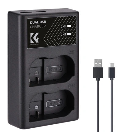 K&F Concept hordozható dupla MH-25 akkumulátor töltő, USB-C, 2db EN-EL15 akkumulátorhoz