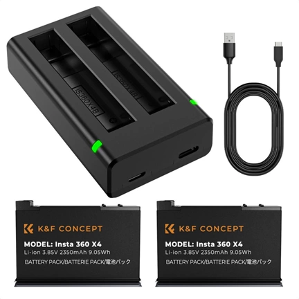 K&F Concept hordozható dupla USB-C akkumulátor töltő + 2db Insta 360 X4 akkumulátor 2350mAh