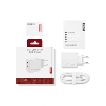 Lenovo Dual USB-C 65W GaN Charger, White